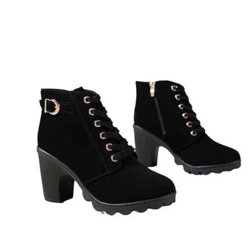 MEECHI Women's Lace-Up Short Boots With Buckle Retro Suede Biker Booties Women Elegant Ankle Boots With Block Heel Autumn Winter Ankle Shoes For Outdoor, Party