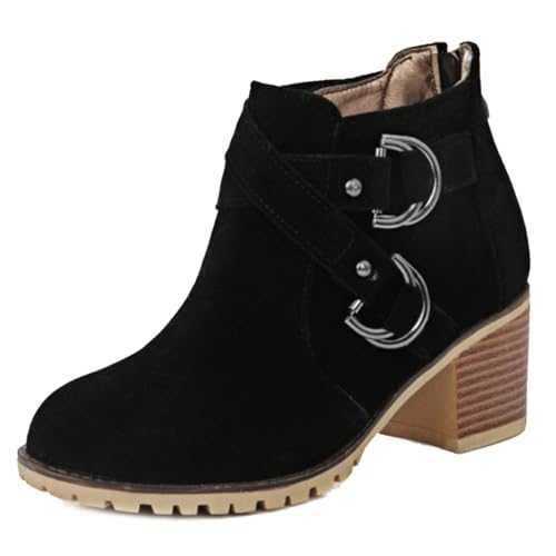 Women Ankle Boots with Chunky Heel and Round Toe Chelsea Boots with Suede Materail
