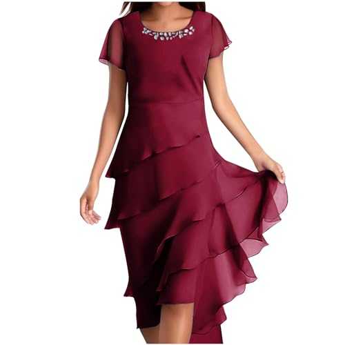 Women's Elegant Dress Chiffon Midi Dresses Short Sleeve Tunic A Line Dresses Mesh Party Dress Regular Fit Club Dresses Wedding Guest Outfits for Ladies UK Clearance