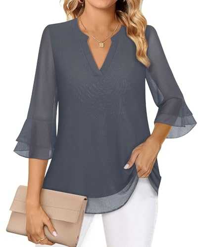 Ladies Blouses 3/4 Bell Sleeve Tunic Tops Casual Dressy V Neck Double Layered Chiffon Work Blouse Shirts S-3XL