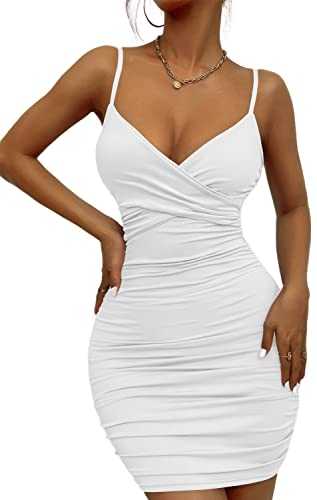 Zesoyne Womens Sexy Mini Dress Bodycon Ruched Tank Dress Spaghetti Strap Vneck Party Club Short Wrap Cami Dress Clubwear