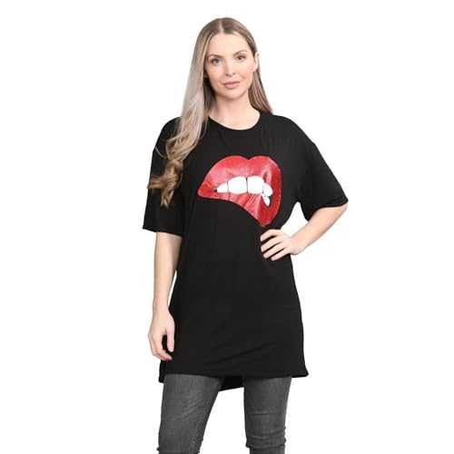 Hamishkane® Womens Oversized T Shirt Glitter Lips Print Short Sleeves Crew Neckline T Shirts for Women UK Baggy Longline Loose Fit Ladies Summer Tops