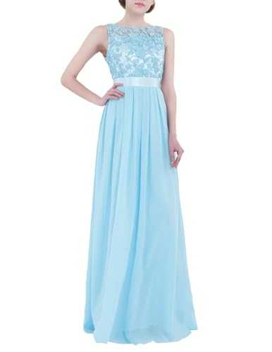 dPois Women's Floral Lace Wedding Bridesmaid Party A-Line Empire Waist Prom Ball Gown Floor Length Maxi Dress,Sky Blue,Size 8