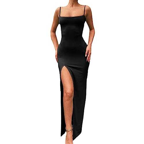 KOEMCY Womens Dresses Spaghetti Strap Long Dresses Sleeveless Sexy Bodycon Maxi Dress Split Evening Dress Pencil Low Cut Cami Dress Party