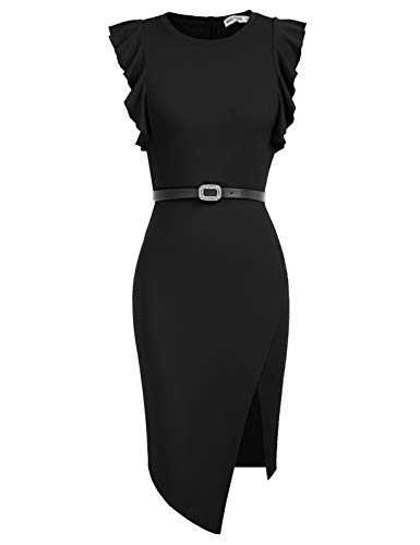 GRACE KARIN Ladies Elegant Work Office Business Dress with Belt Elastic Crew Neck Wedding Guest Dress Black L