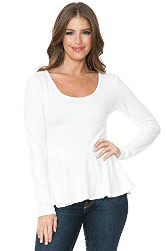 SSOULM Women's Long Sleeve Stretchy Knit Ruffle Hem Peplum Blouse Top with Plus Size
