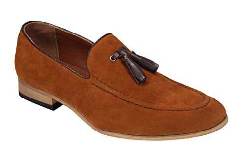Mens Tan Navy Leather Lined Suede Tassel Loafer Smart Formal Slip on Shoes