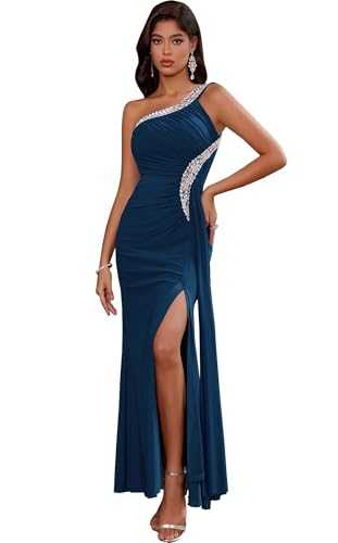 Angel-fashions Women's One Shoulder Ruching Beading Ribbon Soft Evening Gown