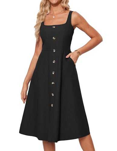 GRACE KARIN Women's Dresses Square Neck Sleeveless Strappy Dress Casual Loose Swing Midi Dress with Button Front