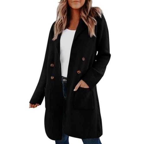 KUIH Women's Coats Double Breasted Buttons Wool Blend Coat Lapel Collar Winter Pea Coat Mid-Length Overcoat Jackets Winter Autumn Elegant Trench Coat Solid Color Overcoat Womens Coats Warm Outerwear