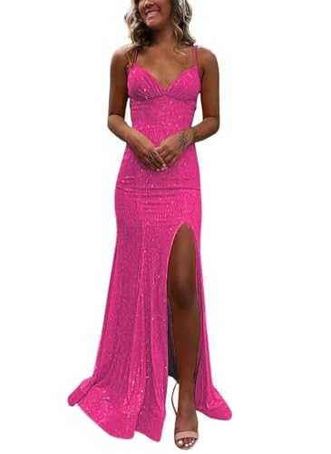 PUXIU Spaghetti Strap Sequin V Neck Mermaid Prom Dress Sparkly Formal Dresses Evening Gowns with Slit PU042