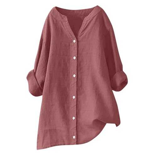 Women's Shirts Long Sleeve Button Down Blouses Cotton Linen Tops Plain V Neck Oversized Tunic Top Work Business Dressy Casual Blouse Ladies T-Shirts Plus Size S-5XL Sale