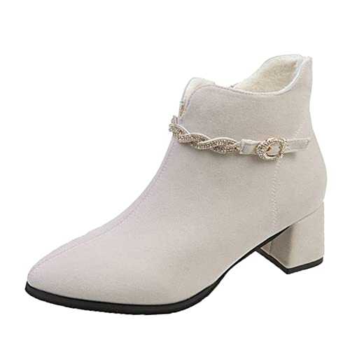 Women's Ankle Boots Small Heel Fashion Autumn Winter Women Ankle Boots Thick Heel With Pointed Toe Solid Color Suede Side Zipper Rhinestone Casual Style Comfortable Shoe Pumps