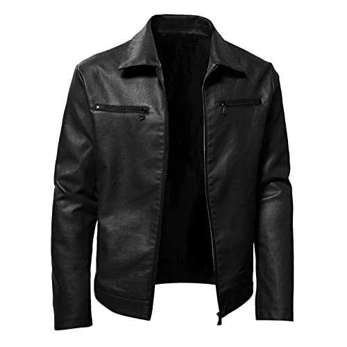 Cocila Male Autumn and Winter Solid Color Leather Jacket Warm Coat Stand Collar Long Sleeve Double Zipper Pocket Fashion Mens Faux Big Tall