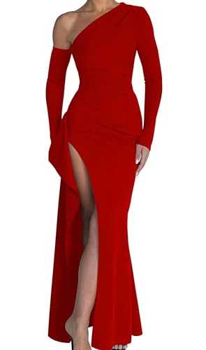 Memoriesea Women's One Shoulder Long Sleeve Sexy High Slit Wedding Guest Party Maxi Dress