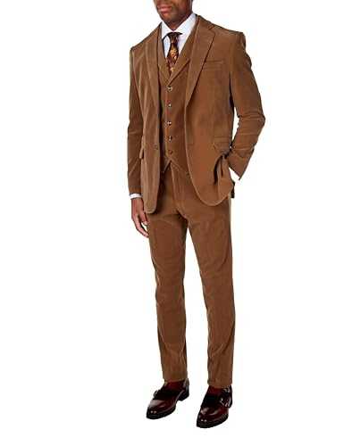 Mens Corduroy 3 Piece Suit Tan Classic Vintage Style Tailored Fit Jacket Waistcoat Trousers