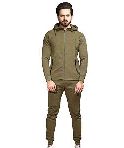 Mens Zip up Hooded Casual Sports Slim FIT Fleece Tracksuit Top Hoodie Jogger Bottoms Plus Size (Khaki, M)