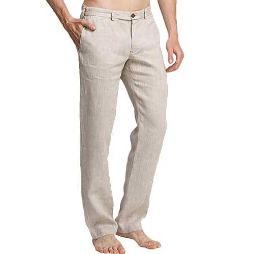 Linen Trousers Men's Slim Fit Low Rise Suit Trousers Men's Beige Loose Work Trousers Business Chino Trousers Straight Golf Trousers Drawstring Wide Trousers Plain Lounge Trousers Breathable Trekking