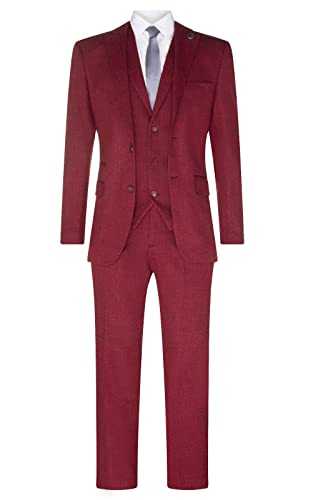 Mens Wine 3 Piece, 2 Button Herringbone Tweed Wool Mix Suit Peaky Slim Fit Jacket with Waistcoat