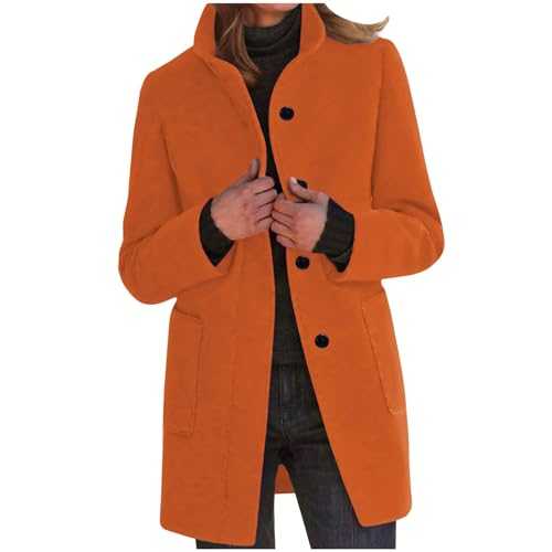 Womens Button Down Trench Coats Wool Blend Stand Collar Pea Coat Casual Slim Fit Long Sleeve Dressy Jackets