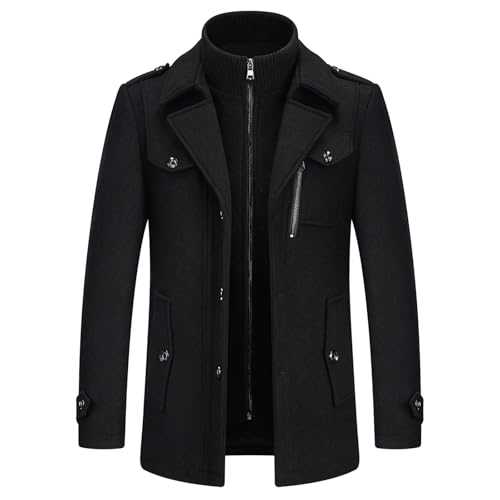 KUDORO Mens Wool Coats Short Winter Padded Trench Coat for Casual Business Outwear Thick Wool Blend Peacoat with Removable Inner Collar