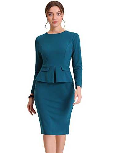 Allegra K Women's Bodycon Pencil Dress Round Neck Bracelet Sleeve Peplum Wear to Work Office Sheath Dress