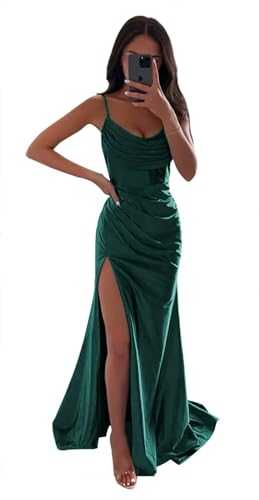 HYEC7 Spaghetti Straps Satin Prom Dress Mermaid Wrap Bridesmaid Dress with Slit Elegant Long Backless Evening Dress