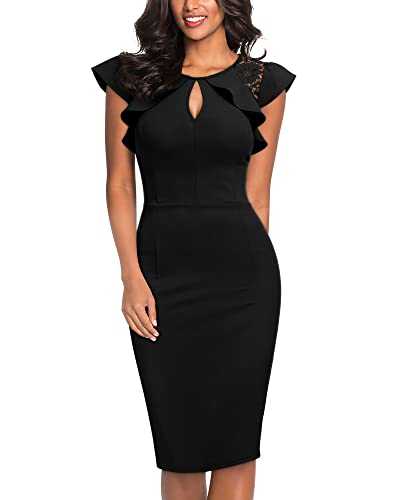 Knitee Women's Vintage Ruffle Trim Lace Sleeveless Bodycon Cocktail Dress