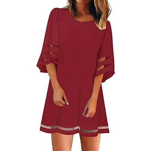 AMDOLE Long Sleeve Swing Dress for Women Panel Neck O Top Mesh Sleeve Shirt 3/4 Blouse Loose Dress Women's Bell Women's Dress 100 Cotton Dress