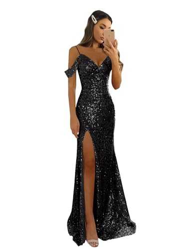 BANTRATIC Sequin Mermaid Prom Dress for Women Long Off Shoulder Sparkly Bridesmaid Dresses with Slit Formal Evening Gown