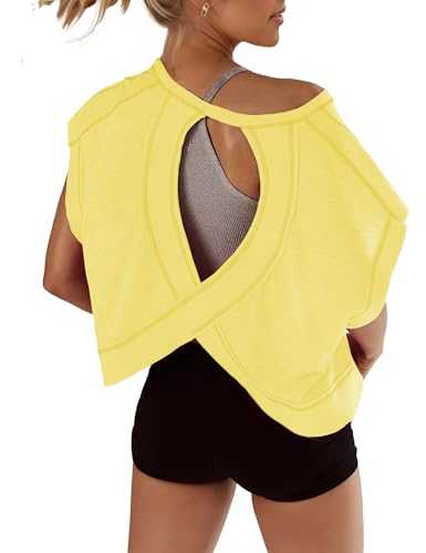 Fhniepan Open Back Tops for Women Oversized Short Sleeve Workout T Shirts Backless Y2k Athletic Crop Running Tees