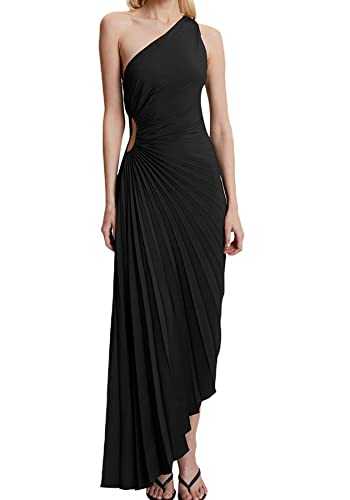 Molisry Women Satin One Shoulder Maxi Dress 2023 Summer Sexy Pleated Sleeveless Side Hollow Out Prom Dress