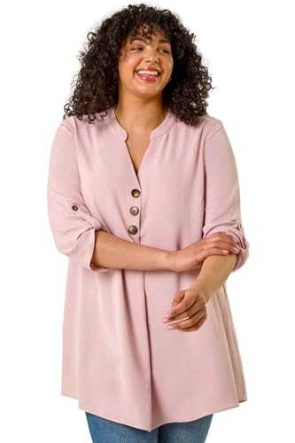 Roman Curve Textured Buttoned Tunic Top for Women UK - Ladies Everyday Holiday Spring Summer V-Neckline Comfy Soft Evening Vacation Work Party