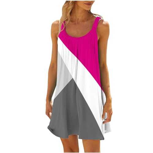 RLEHJN Summer Beach Dresses for Women UK Sale Clearance Floral Geometric Color Block Printed Strap Dresses Casual Holiday Sundress Loose Round Neck Sleeveless Tank Dress Ladies Dress