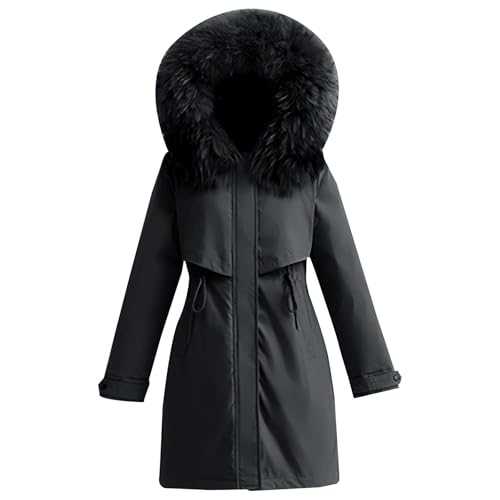 FNKDOR Women Winter Coat Fleece Lined Warm Thickened Ski Jacket Women's Outdoor 3-in-1 Jackets Ladies Parka Drawstring Faux Fur Mid Length Outdoor Overcoat Hooded Thermal