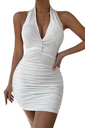 Zesoyne Womens Mini Bodycon Dress Sexy Halter Neck Ruched Backless Short Party Night Out Club Dress for Lady