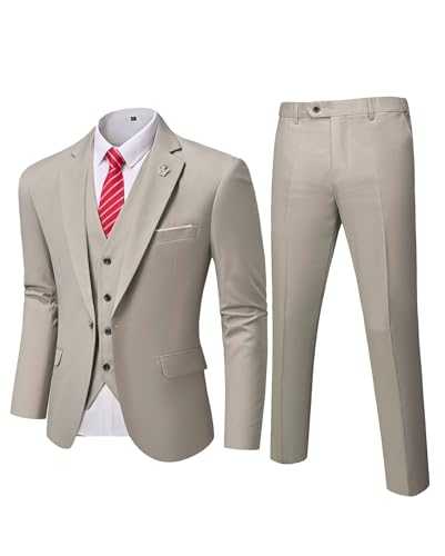 Hihawk Men's Slim Fit 3 Pieces Suit, One Button Blazer Set, Jacket Vest and Pants for Wedding Party Business Prom, Beige, M