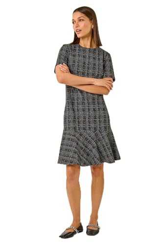 Roman Originals Textured Frill Hem Stretch Dress for Women UK - Ladies Everyday Autumn Winter Round Neckline Comfy Soft Evening Vacation Work Party Night Out
