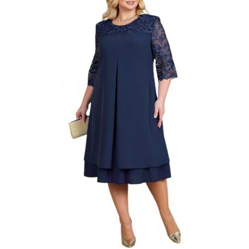 IMEKIS Women Plus Size Party Dress 3/4 Sleeve Round Neck Floral Embroidery Chiffon Dress Elegant Wedding Guest Dress Formal Cocktail Evening Dress