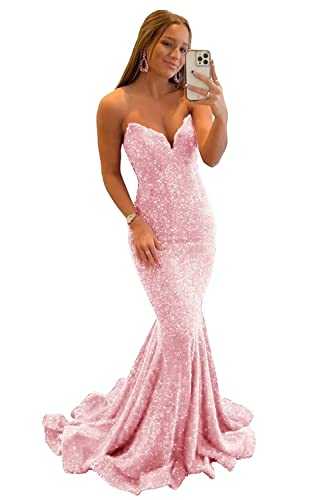 Basgute Women Sequin Mermaid Party Dress Sparkly Long Sexy Strapless V Neck Bodycon Formal Evening Party Dress