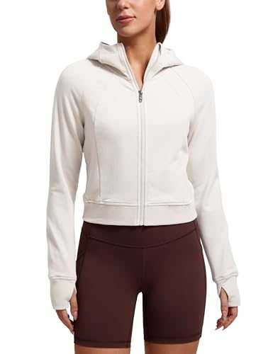CRZ YOGA Women's Fleece Zip Up Jackets Full Zip Workout Cropped Hoodie Casual Long Sleeve Sweat Jacket with Thumb Holes