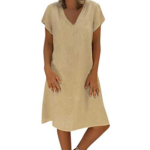 FunAloe Summer Dresses for Women UK Ladies Summer Dress Short Sleeve Dress Italian Linen Dresses UK Sale V Neck Dress Elegant Women Loose Print Cotton Down and Dress Womens Dresses Clearance