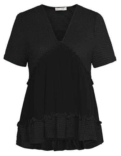 GRACE KARIN Women’s Summer Tops Short Sleeve V-Neck Pineapple Textured Contrast Cotton Blouses Casual Top