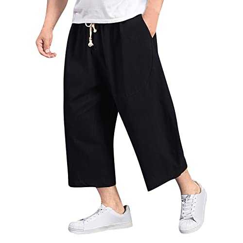 Mens Capris Cotton Linen Baggy Wide Leg Pants Drawstring Tapered Casual Harem Cropped Trousers 3/4 Length Pants Hip Hop Bloomers
