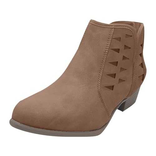 Women's Ankle Boots - Round Headed Leather Flat Heel Short Retro Solid Colored Comfort Casual Winter Comfy Cowboy Boots for Women UK