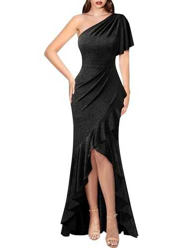 VFSHOW Womens Sexy One Shoulder Ruched Ruffle Prom Formal Maxi Dress 2023 Front Slit Wedding Guest Long Cocktail Evening Gown