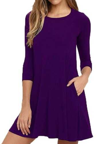 Anelune Women Round Neck 3/4 Sleeves A-line Casual Tshirt Mini Dress with Pockets S-2XL