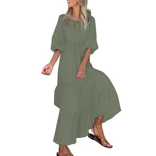 Ydsxlp Summer Dresses for Women Trendy V-Neck Half Sleeve Beach Vacation Dress Solid Color Tiered Pleated Long Dresses Ladies Loose Casual Ruffle Swing Dress for Daily