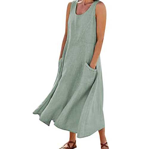 Cotton Linen Dresses for Women UK Sale, Casual Solid Color V Neck Sleeveless Long Dress Ladies Trendy Tunic Tank Dresses with Pockets Loose Beach Dress for Daily, Holiday, Travel, Maternity