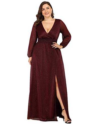 Ever-Pretty Women's V Neck Empire Floor Length with Thigh High Slit A Line Plus Size Formal Evening Dresses Burgundy 20UK